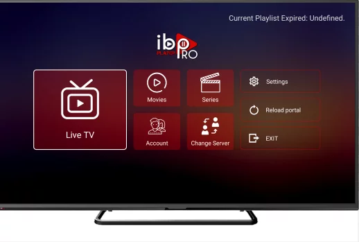 IBO Player home screen showing Live TV, Movies, Series and Settings on a Smart TV